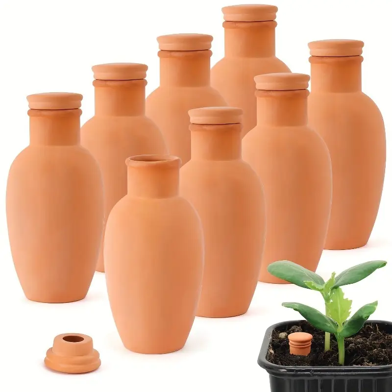 4pcs/8pcs Plant Watering Globes Clay Watering Pot with Lid Terra Cotta Clay Irrigation Globes Terracotta Watering Easy Irrigation Peripheral Water System Self Watering System