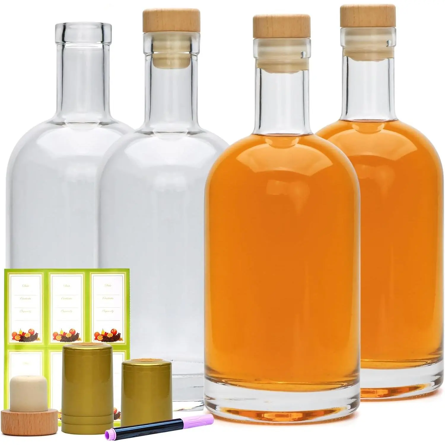 4Pack 25oz/750ml Clear Glass Bottles with T-Top Cork,Whiskey Bottle Heavy Bottom Wine liquor Bottle and Whiskey Bottle,Ideal for Beverages,Whiskey,Oil,Vodka,Wedding Favors