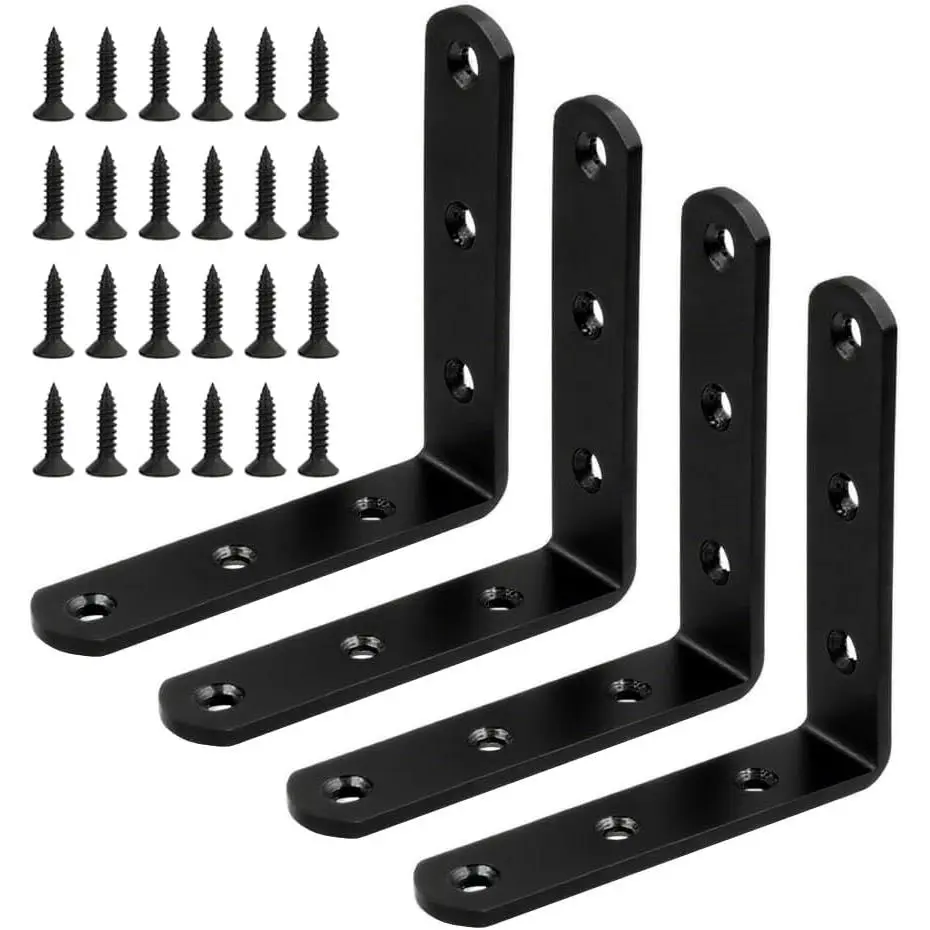4 count Black Stainless Steel L Bracket 3 x 3 inch Metal Corner Brace Joint Heavy Duty Right Angle Brackets Fastener for , with Screw