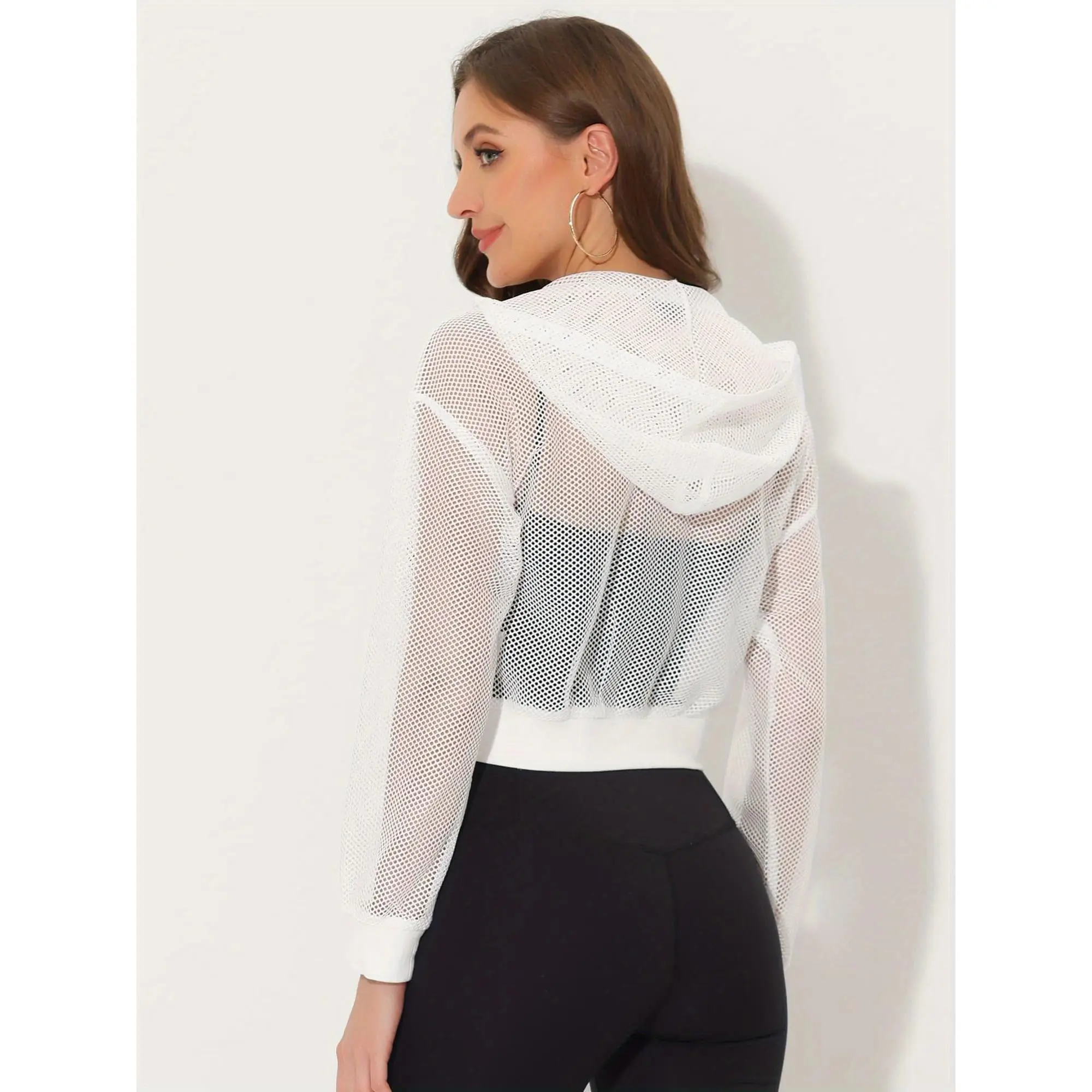 Mesh Jacket for Women's Zip Up Fishnet Hoodie Sexy Sheer Crop Bomber Jackets