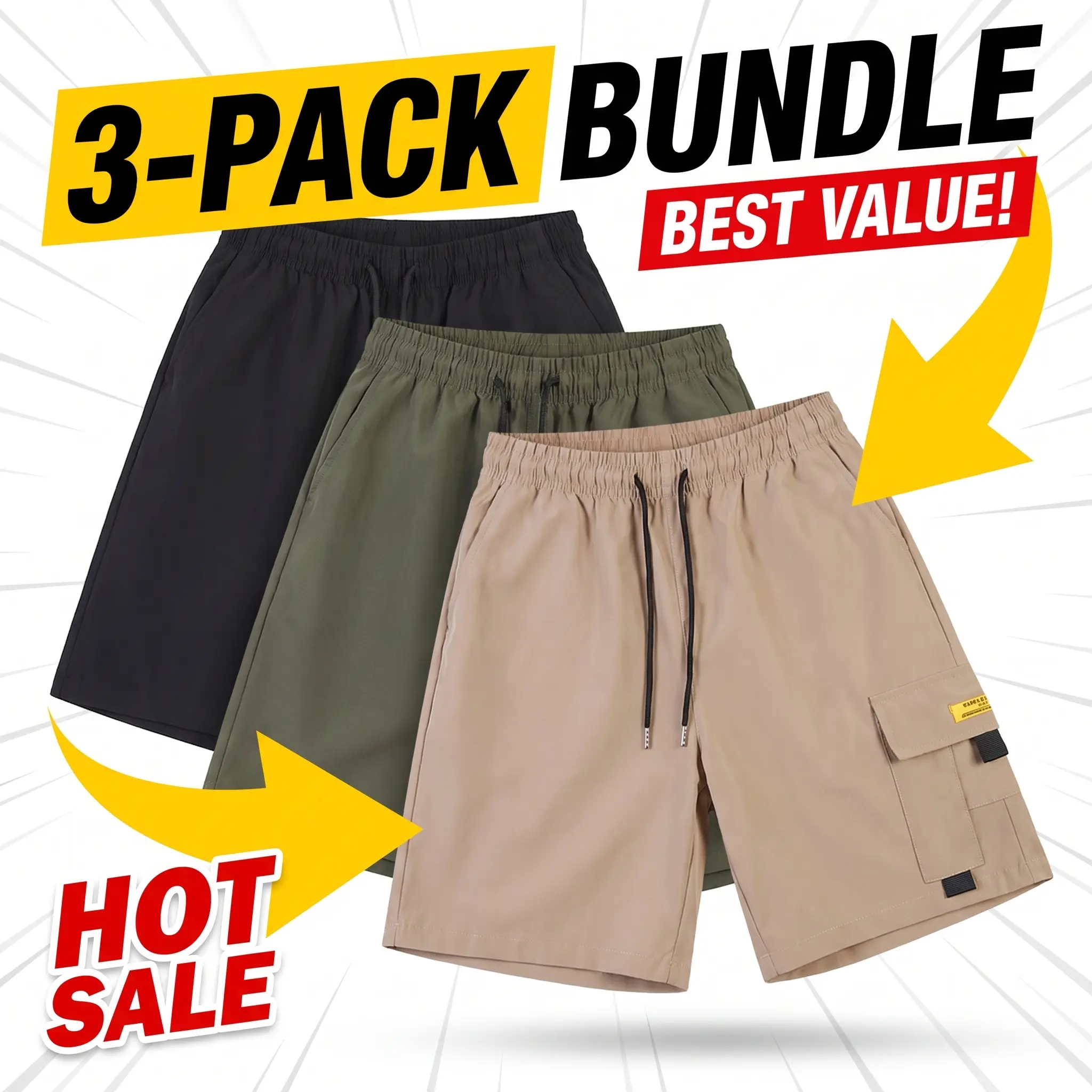 Men's Mid-Waist Foldable Polyester Knee-Length Cargo Beach Shorts - Trendy Summer Menswear Bottoms