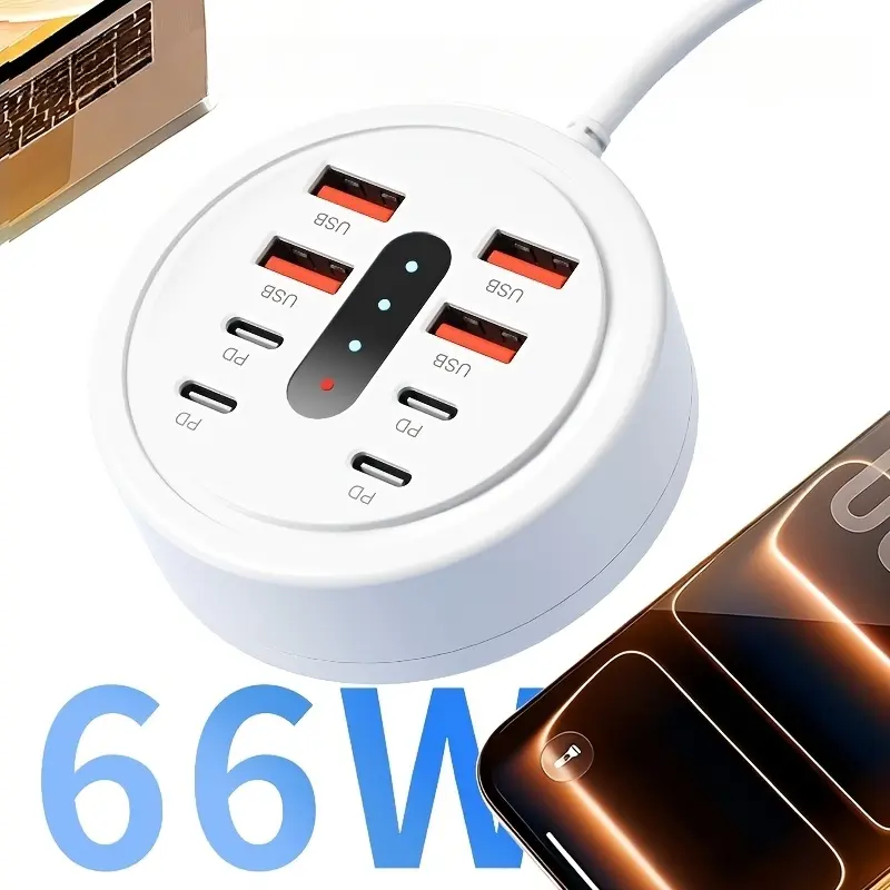8-In-1 Round Multi-Port Charger Expander, 4 USB + 4 PD Fast Charging Ports, Universal Phone Tablet Charging Station