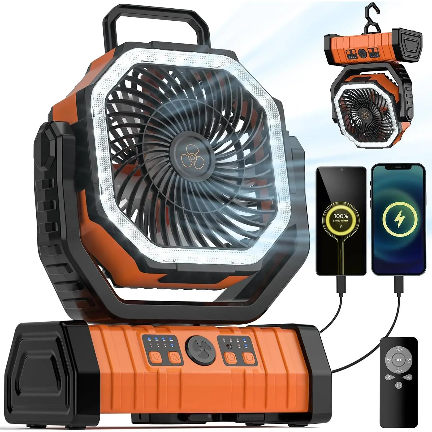 Camping Fan - 20000mAh   Fan Rechargeable with LED Lantern - Portable Outdoor Tent Fans with  Hook 4 Speeds Wind Remote Control, Black and Orange