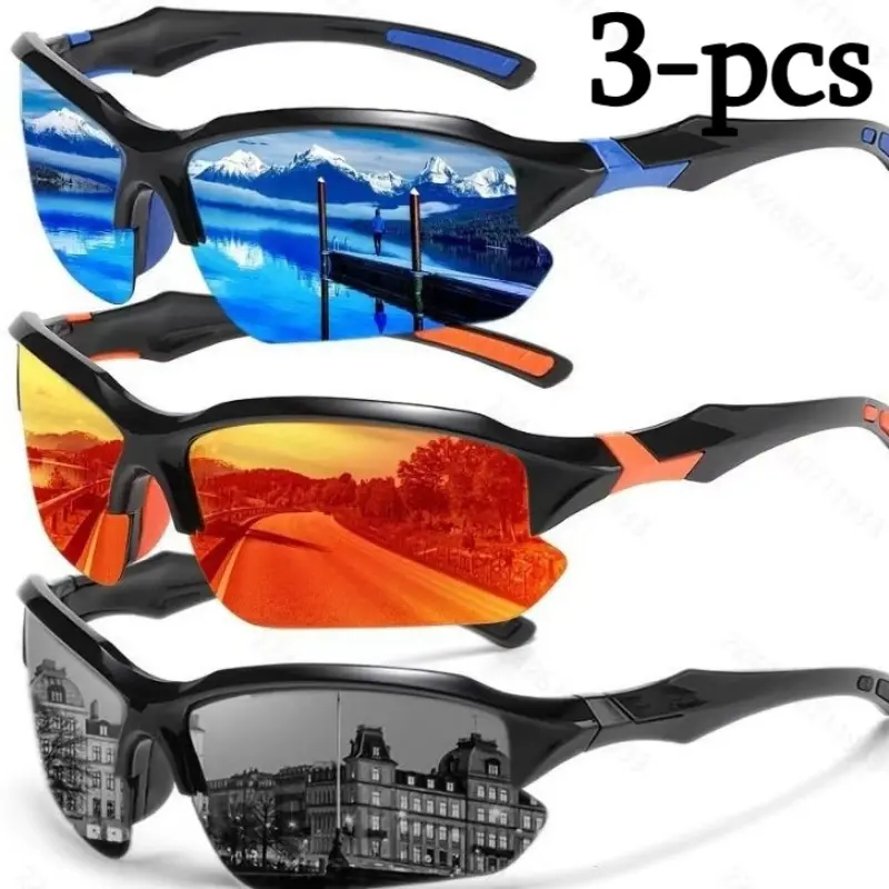3pcs Outdoor Sports Sunglasses, Nylon Windproof Wrap-Around Frame, Anti-Glare HD Lens, Shockproof Sturdy Structure, Dual-Use Night Vision & Sun Shading Eyewear for Driving, Road Cycling, Anti-Glare Lens