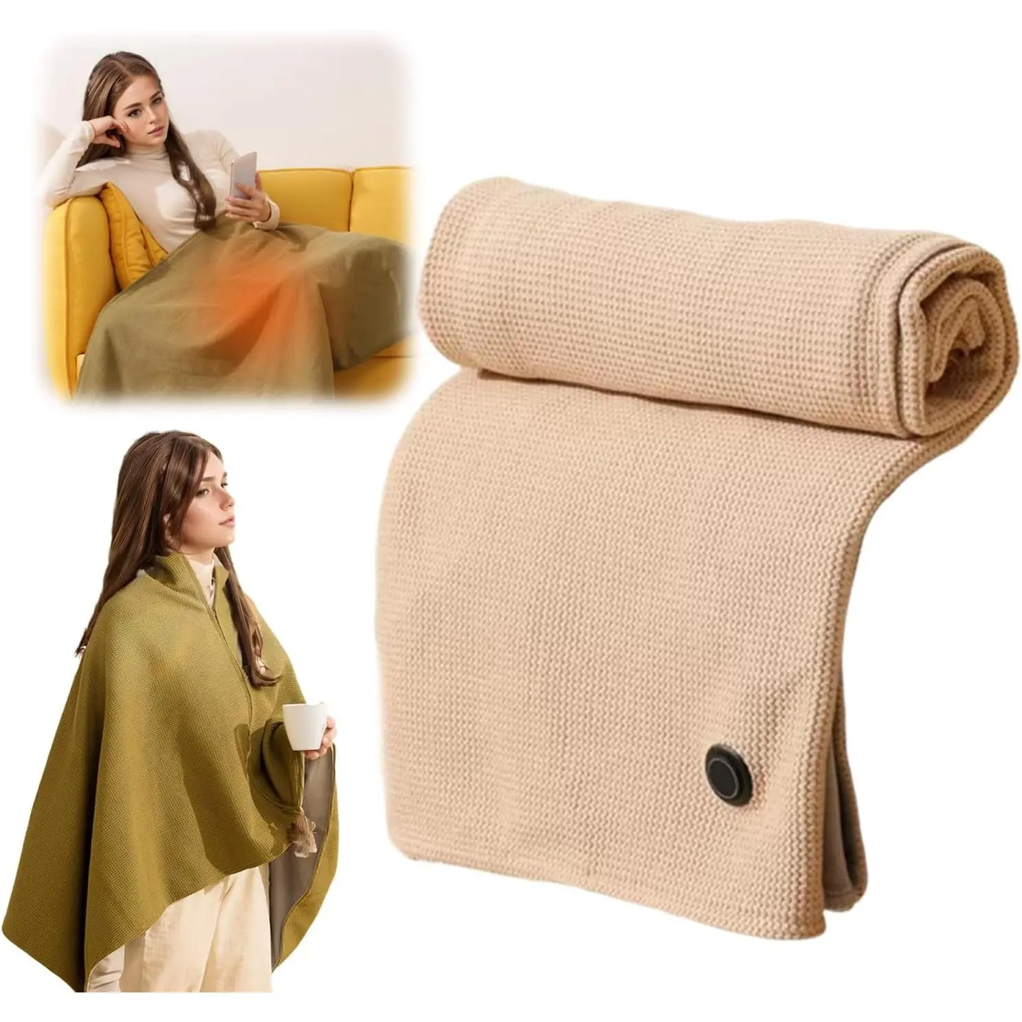 Portable Heated Blanket Shawl Wrap for Women USB Electric Heating Blanket 60×31 Inch Rapid Warm Wearable Electric Shawl Machine Washable Heated Wrap for Neck & Shoulder (Apricot)