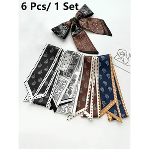 6 Pcs / 1 Set Elegant French Walnut Style Polyester Scarf Set, Vintage Hairband, Vintage Print Headscarves, Woven Ribbon, Multifunctional Scarf, Bag Accessory, Women and Girls, Seamless Bandana, Scarf Head Wrap