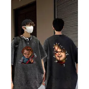 Acid Wash Distressed Short Sleeve T-Shirt For Men Women, Rip Effect Chucky Axe Two-Sided Classic Horror Doll Vintage Graphic Oversized Crew Neck Casual Grunge Streetwear Soft Knit Cotton Daily Fashion Top