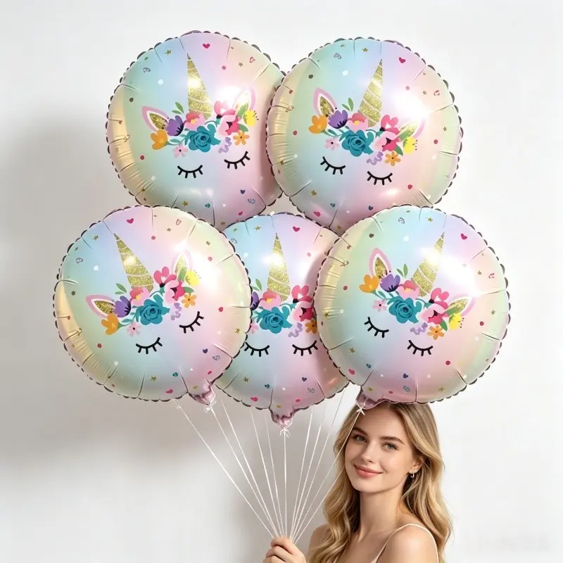 5pcs Gradient Macaron Floral Unicorn Balloons, Closed Eye Cartoon Print, Birthday Party Decor, Wedding, Outdoor Picnic Decoration