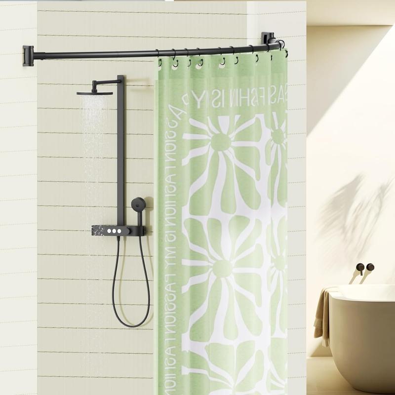 Curved Shower Curtain Rod, 43-78 Inches Adjustable Shower Curtain Rod, Rustproof, Round Extra Wide Shower Rod for Bathroom, Bathtub, Stall, Need to Drill,Black