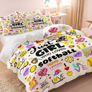 Just a Girl Who Loves Softball Duvet Cover Set, 1 Duvet Cover + 1/2 Pillowcases, No Filling, HD All Season Print, Soft Breathable Bedding, Softball Slogan & Player Pattern for Girls Bedroom Decor