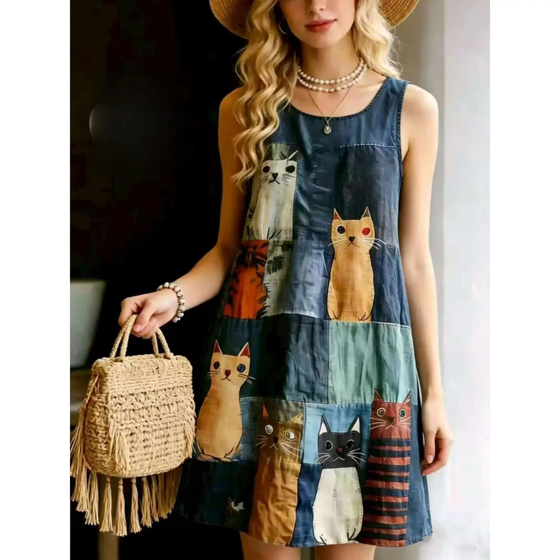 Vintage Patchwork Cat Print Sleeveless Dress, Bohemian Loose A-Line Beach Vacation Boho Summer Holiday Animal Print Dress, Retro Style Summer for Women,leopard,elegant,Pleated,clothes,floral,anastasia,long,beautiful,babydoll