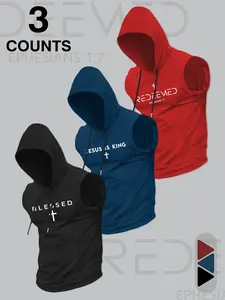 3 Pack Men Christian Cross Letter Print Sleeveless Hoodie Blessed Redeemed Jesus Is King Casual Workout Tank Tops