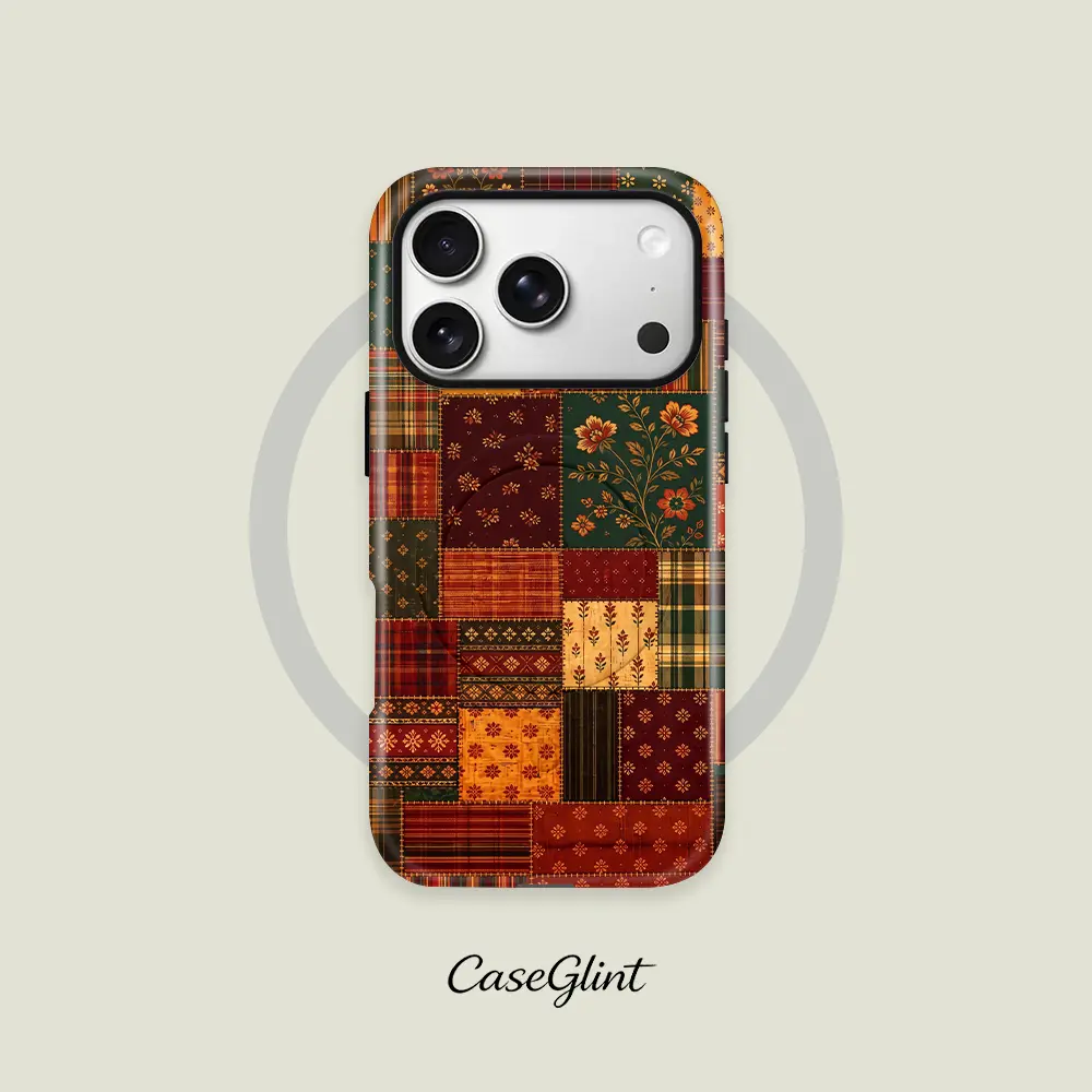 Retro Patchwork Plaid Floral Print Cellphone Case - 2-in-1 Shockproof Sturdy Protector Casing, MagSafe Compatible Cover for iPhone 18/17/16/15/14/13/12/11 Pro Max/Pro/Plus, Stylish Holiday Gift