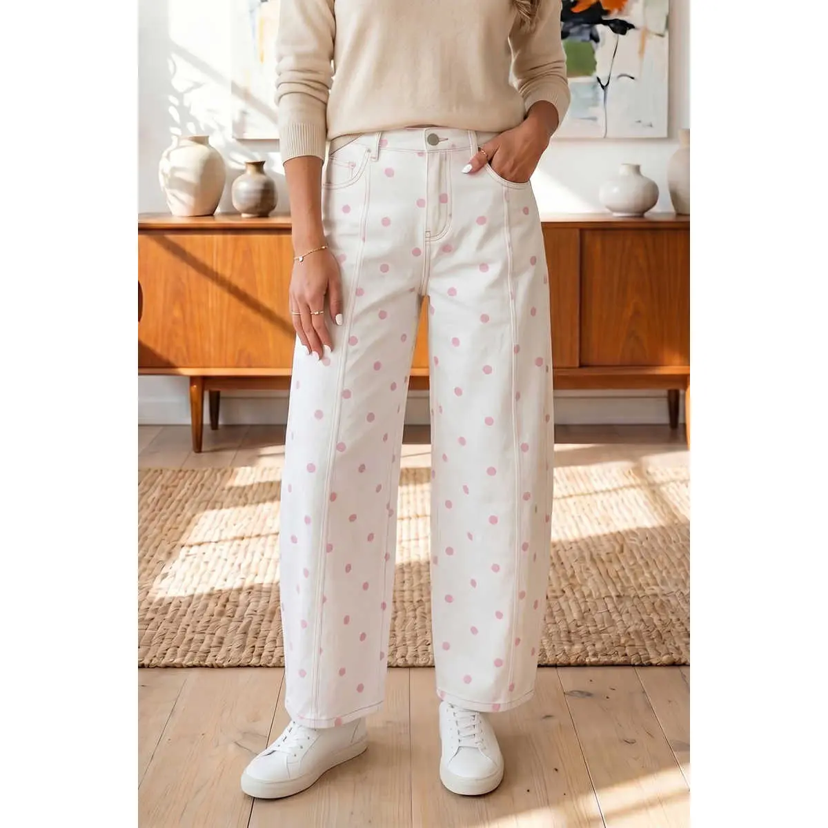 Pink Tailored Seam Polka Dot Print Barrel Casual Jeans
