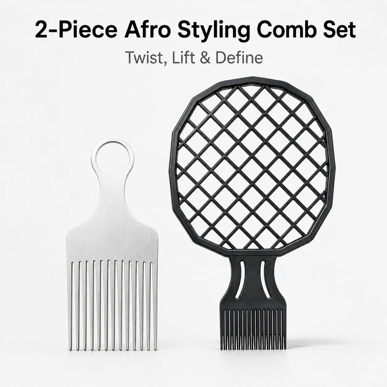 2-Piece Afro Hair Styling Comb Set, Grid Twist Comb & Wide-Tooth Pick Comb for Lift, Volume, Coil Definition, Twists, Curls & Natural Textured Hair Styling