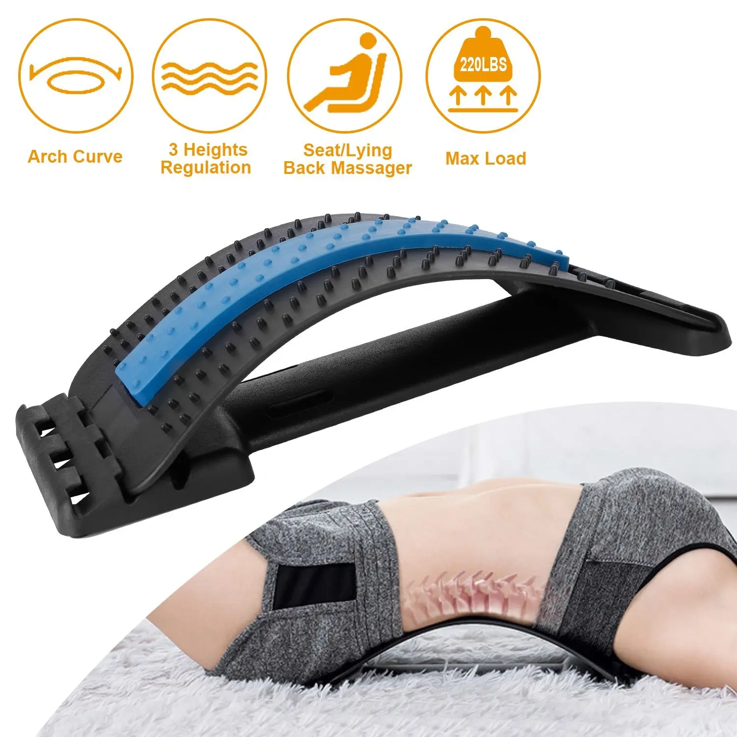 Adjustable Silicone Multi-Level Back Massage Stretcher - Body Care Lumbar Spinal Correction Device for Herniated Disc, Upper-Lower Back Pain Relief (Sports & Outdoor Fitness Strength Training Equipment), Acupuncture Points, 3 Height Adjusts, Arch Shape, B