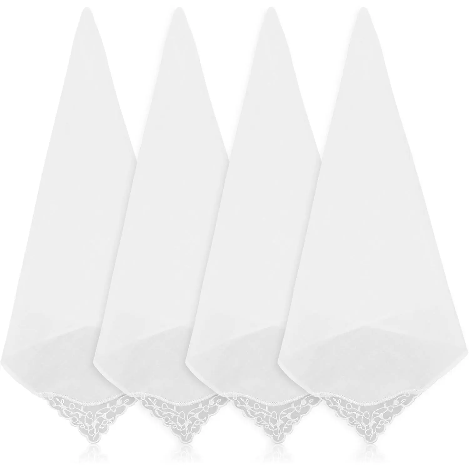 4 Pcs White Soft Cotton Handkerchiefs for Women - 11 inch Embroidered Lace Elegant Square Hankies - Wedding, Funeral, Everyday Carry - Pure 100% Cotton Ladies Hanky Keepsake Gift
