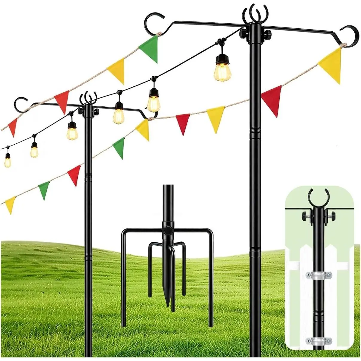 6 Pack Outdoor String Light Poles 10 ft with Detachable Side Crossbars | Outdoor Light Poles for String Lights with Triangular 6-Prong Ground Stake, 6 Adjustable Heights &Weatherproof Design