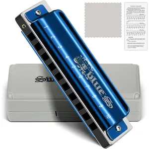 Blues Harmonica C Key for  Adults, 10 Hole Diatonic Harmonica Key of C Brass Reed Blues Harp for Beginners Students, Metal Mouth Organ in Stainless Steel C Major, Black   Blue