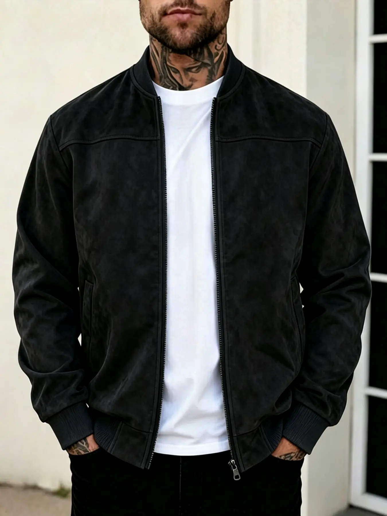 Fashion Men's Faux Suede Baseball Jacket, Vintage Coat, Slim Fit Casual Outerwear, Perfect for Spring, Autumn, Winter Daily Wear
