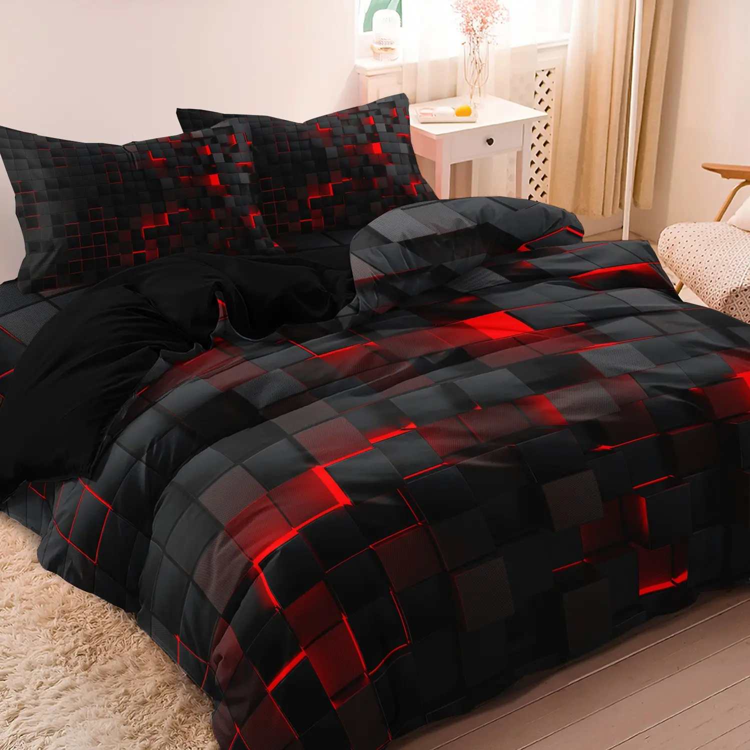 3 Pieces Black Red Grid Plaid Duvet Cover Set, Modern Dark Geometric Square Block Texture Print Bedding, Soft Microfiber Tech Gaming Style Bedroom Decor, Checkered Bedding Set  (1 Duvet Cover + 2 Pillowcases, No Comforter No Pillow)