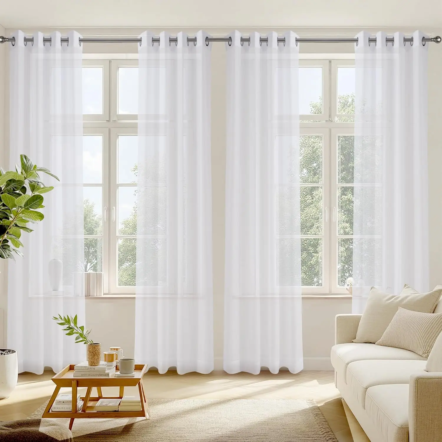 Grommet Long Sheer Curtains, 4-Panel Set (54" W x 84" L), Light Filtering Voile Window Drapes for Living Room & Bedroom, Grommet Curtains, Long Curtains