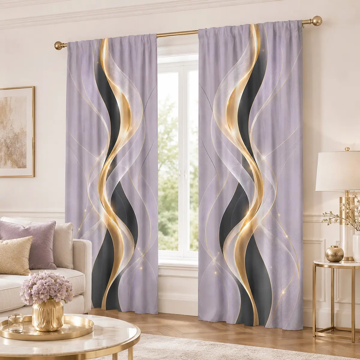 2pcs light purple gilded wave gauze curtains, light luxury semi-transparent curtains for living room and bedroom, made of polyester, suitable for bedroom, kitchen, study, café, etc., Sheer Curtain
