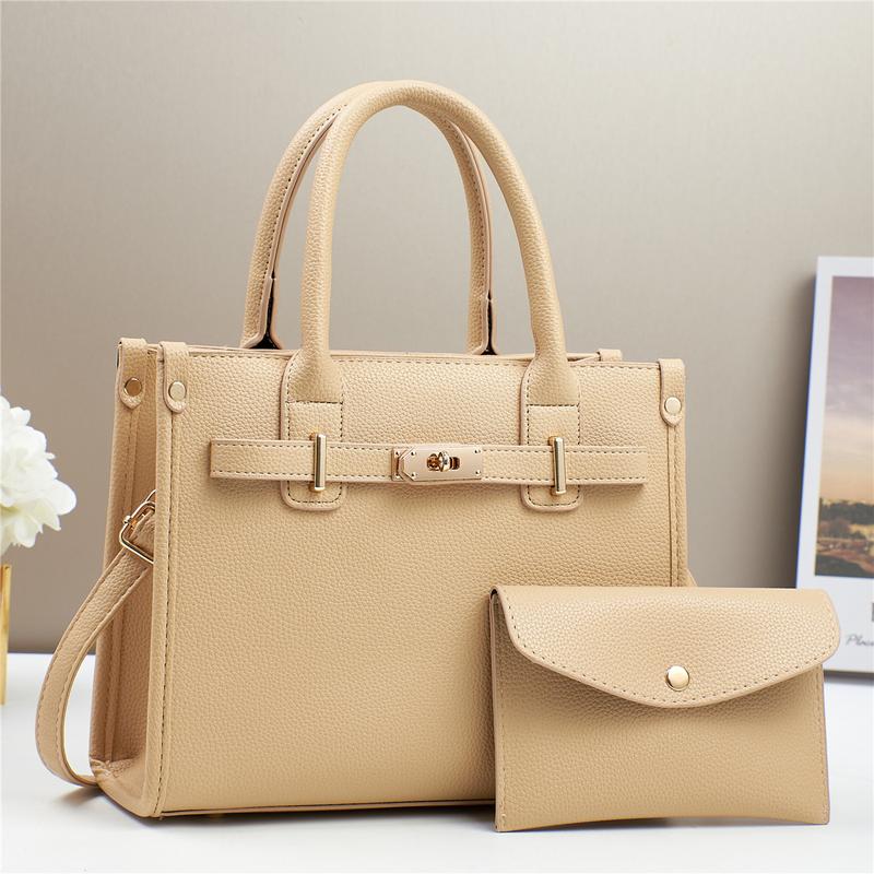 BIGWIG Women's Fashion Casual Solid Color Large Capacity Handbag Two-piece Set, Imitation Leather Handbag, Matching Wallet and Purse, Shoulder Crossbody Bag, PU Leather quality woman