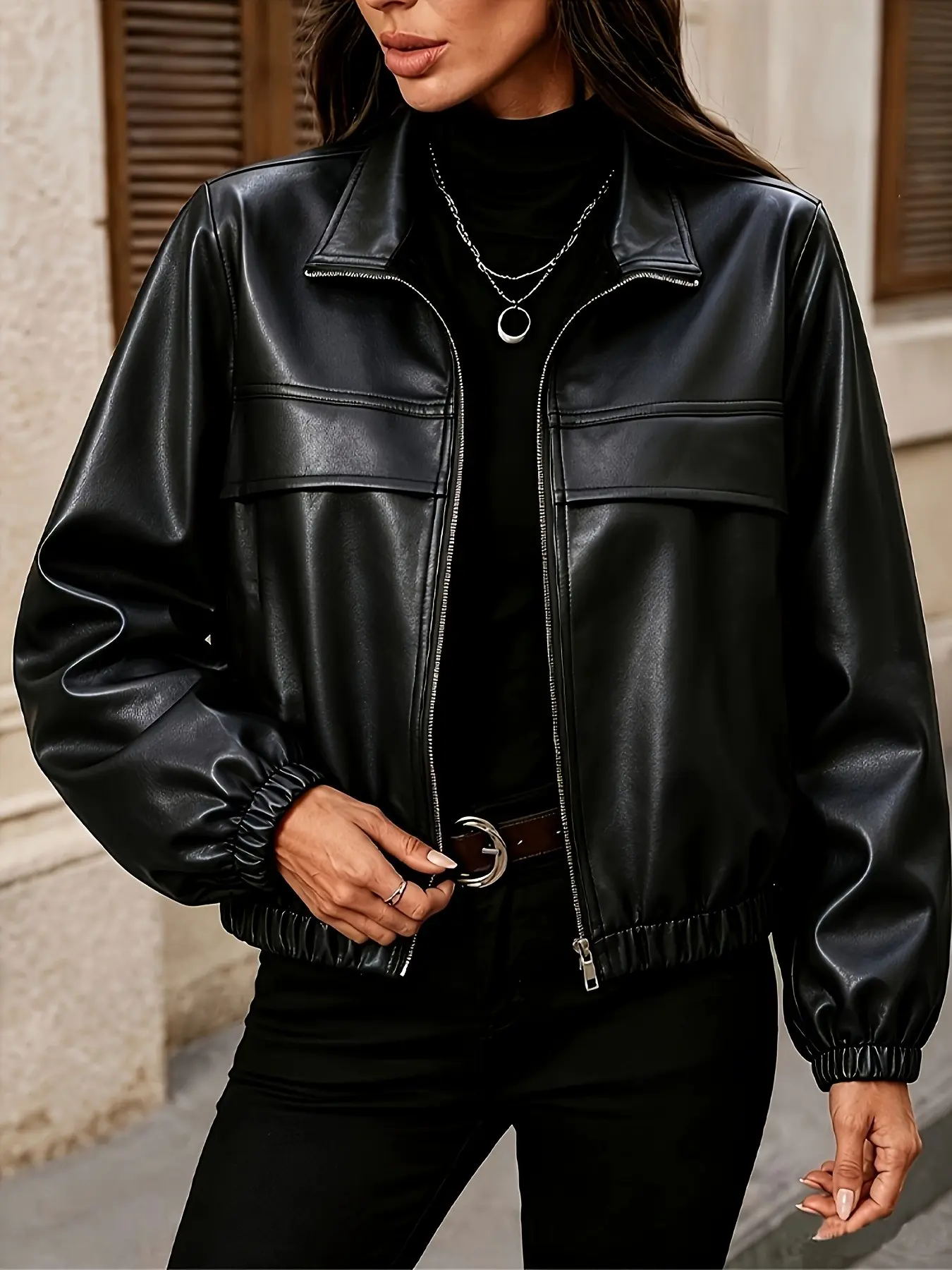 Women's PU Leather Pilot Jacket, Short Sleeve Zipper Front, Elastic Hem, Street Style Outerwear for Autumn Season, Pilot Look Outerwear