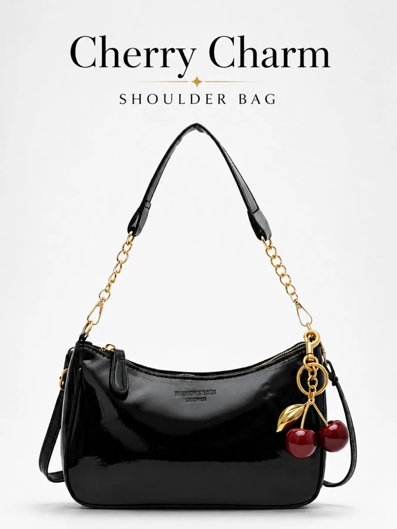 Fashion Women Handbag, Patent Leather Baguette Bag with Cherry Charm, Trendy Y2K Shoulder Purse, Waterproof Crossbody Satchel Bag, Lightweight Mini Tote for Daily Use, Work, Shopping, Travel, Date Night, Perfect Gift for Women