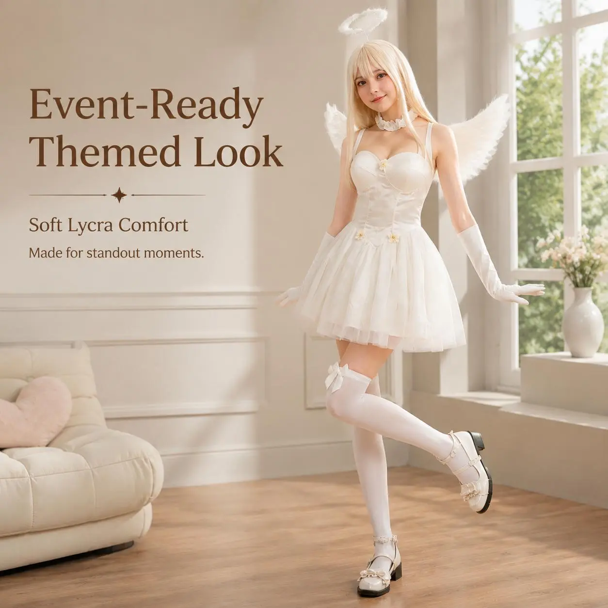 White & Black Angel Devil Cosplay Dress 6Pcs Halloween Costume Outfit with Wings Gloves Headband Wand