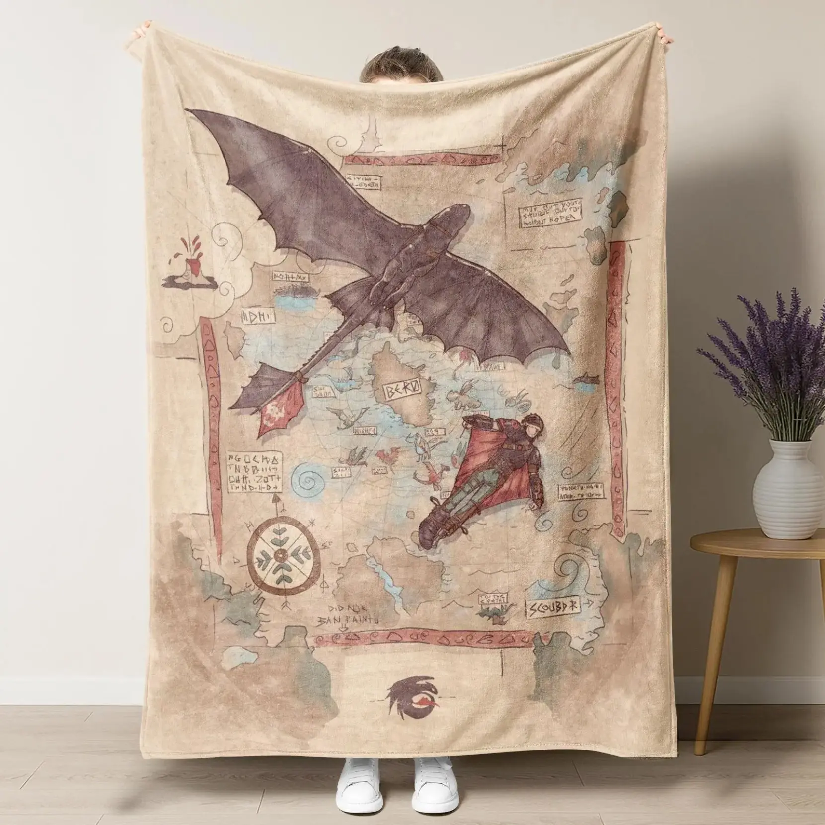 Vintage How to Train Your Dragon Old Map Print Flannel Blanket – Cute Hiccup & Toothless Dragon Pattern Soft Plush Throw Blanket for Sofa Couch Bed Travel, Perfect for Kids Teens Adults,Gift for HTTYD Fans Birthday Christmas 4th Of July Holiday Present