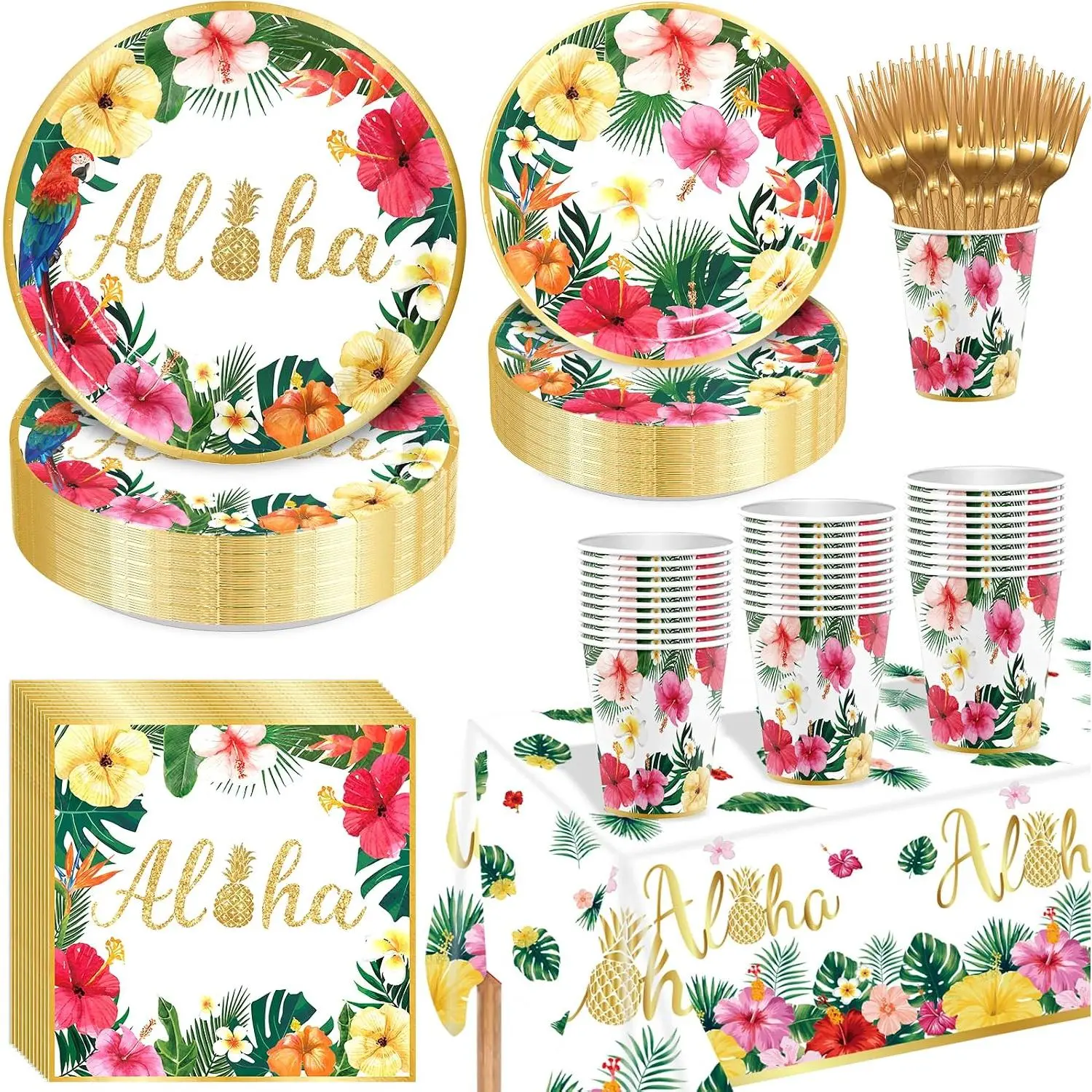 151PCS Paper Hawaiian Luau Disposable Tableware Set - Multi-Size Plates, Napkins, Cups, Forks, Tablecloth - Colorful Decor for Island Vibe Summer Birthday, BBQ Party Table Settings