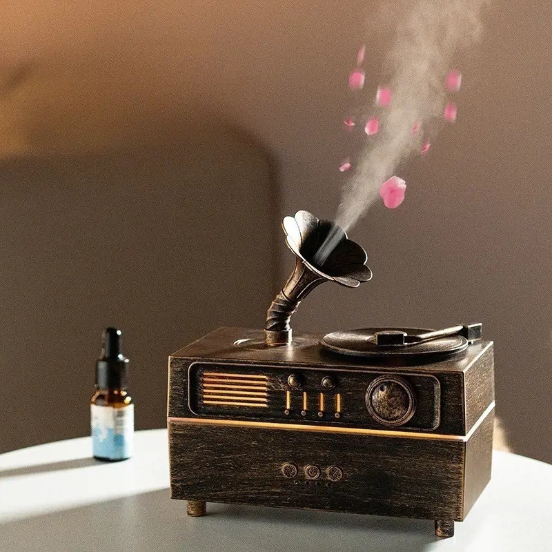Gramophone Shape Vintage Bluetooth Speaker & Ultrasonic Diffuser - Quiet Misting Humidifier with Silent Operation, Home Decorative Premium Holiday Gift for Beauty Salon Use