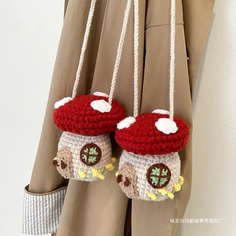 Handmade Knitted Mushroom Shape Crossbody Bag - Cute Look, Soft Yarn, Hazard-Free Cartoon Sling Purse for Kids Daily Travel, Portable Lightweight Shoulder Bag