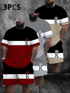 6-Piece Plus Size Men's Summer Casual Sports Set, Breathable Printed Round Neck T-Shirt and Shorts, Knitted Fabric, Lightweight
