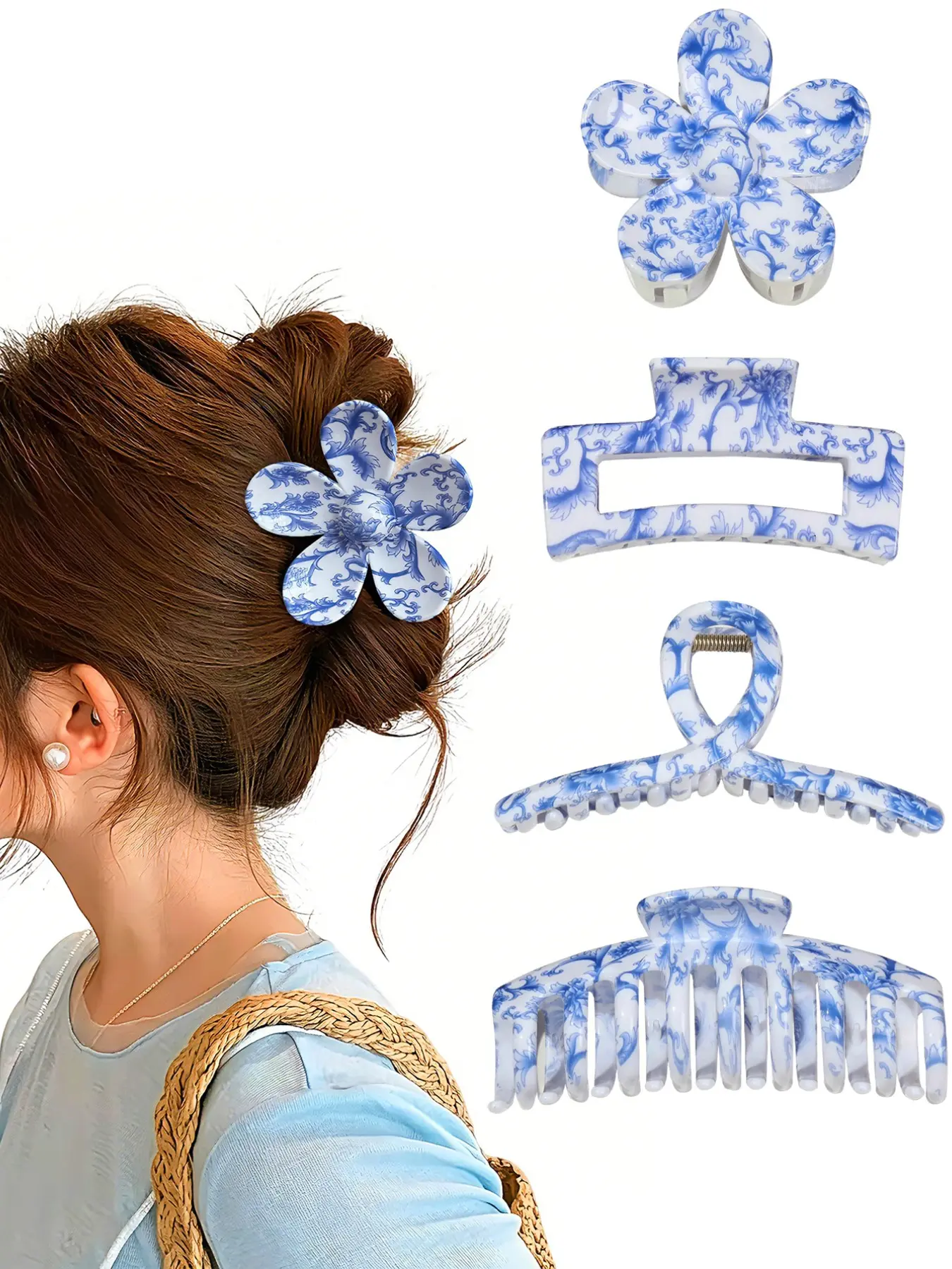 4pcs Elegant Blue & Porcelain Print Square Dragon Bone Hair Claw Clips, High-End Floral Design, Ideal for Thick Hair Use