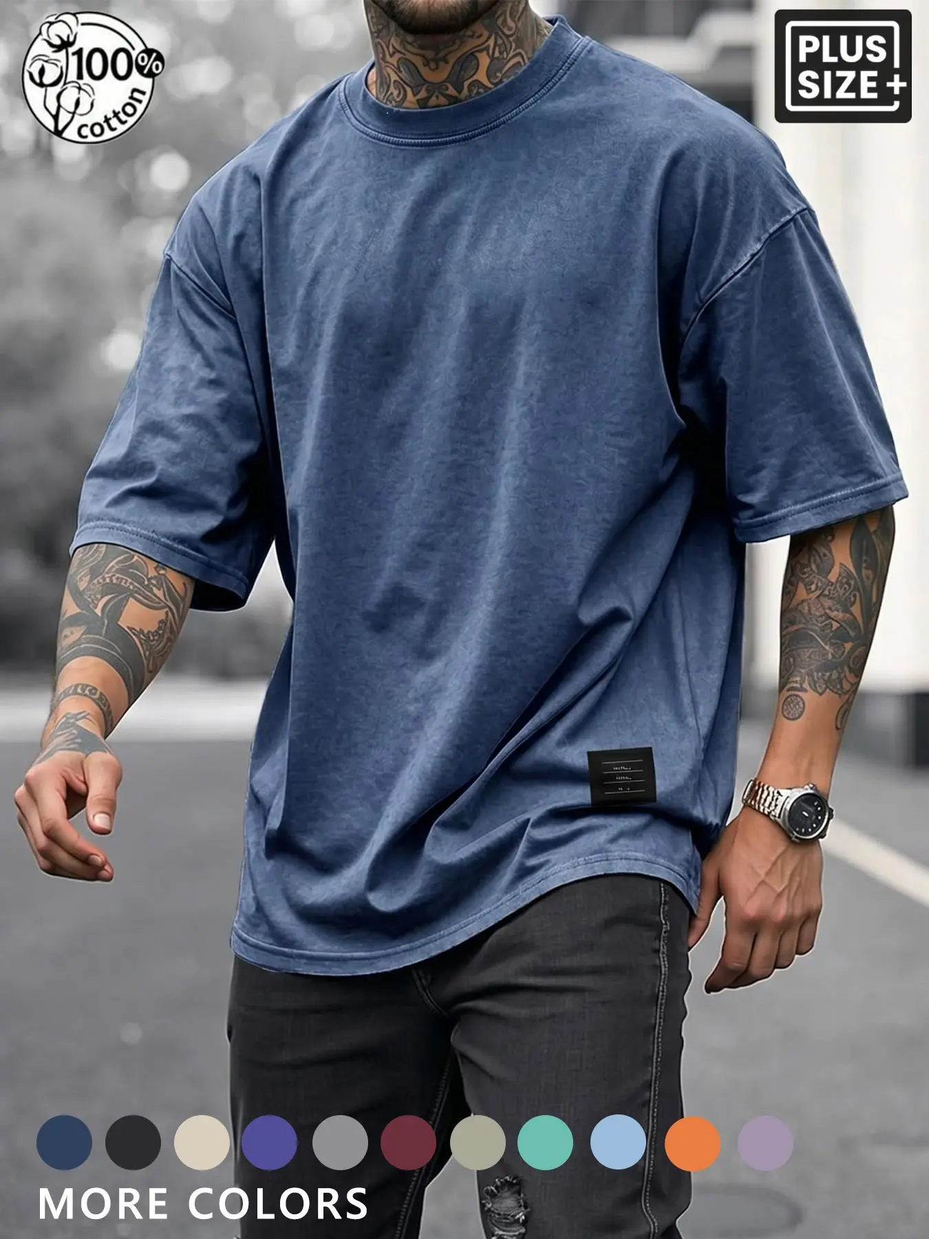 Men's Plus Size 100% Cotton Summer Washed Vintage Loose Fit T-Shirt, Retro Plain Round Neck Street Style Short Sleeve Top, Slimming Fashion Gift, Menswear Streetwear