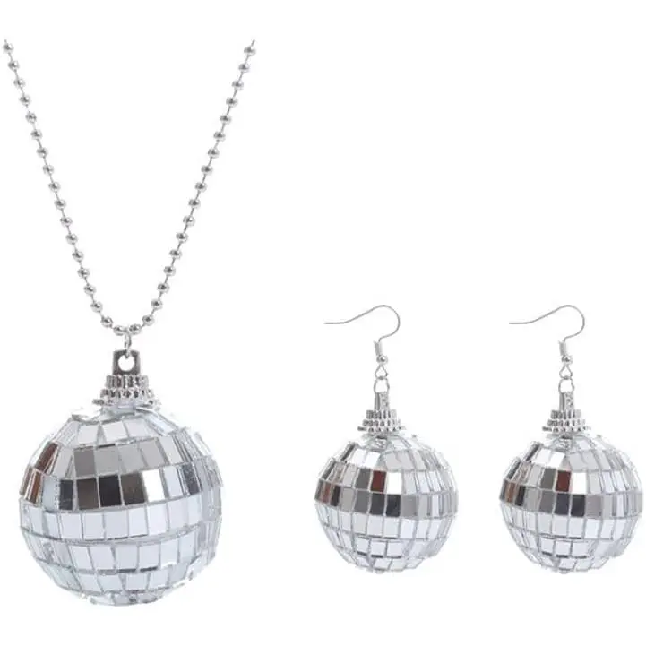Shining Disco Ball Dangle Earrings Necklace Set 60'S 70'S   Mirror Disco Ball Drop Earrings Necklace Classic Dance Party  for Women Girls Halloween Costume Accessories