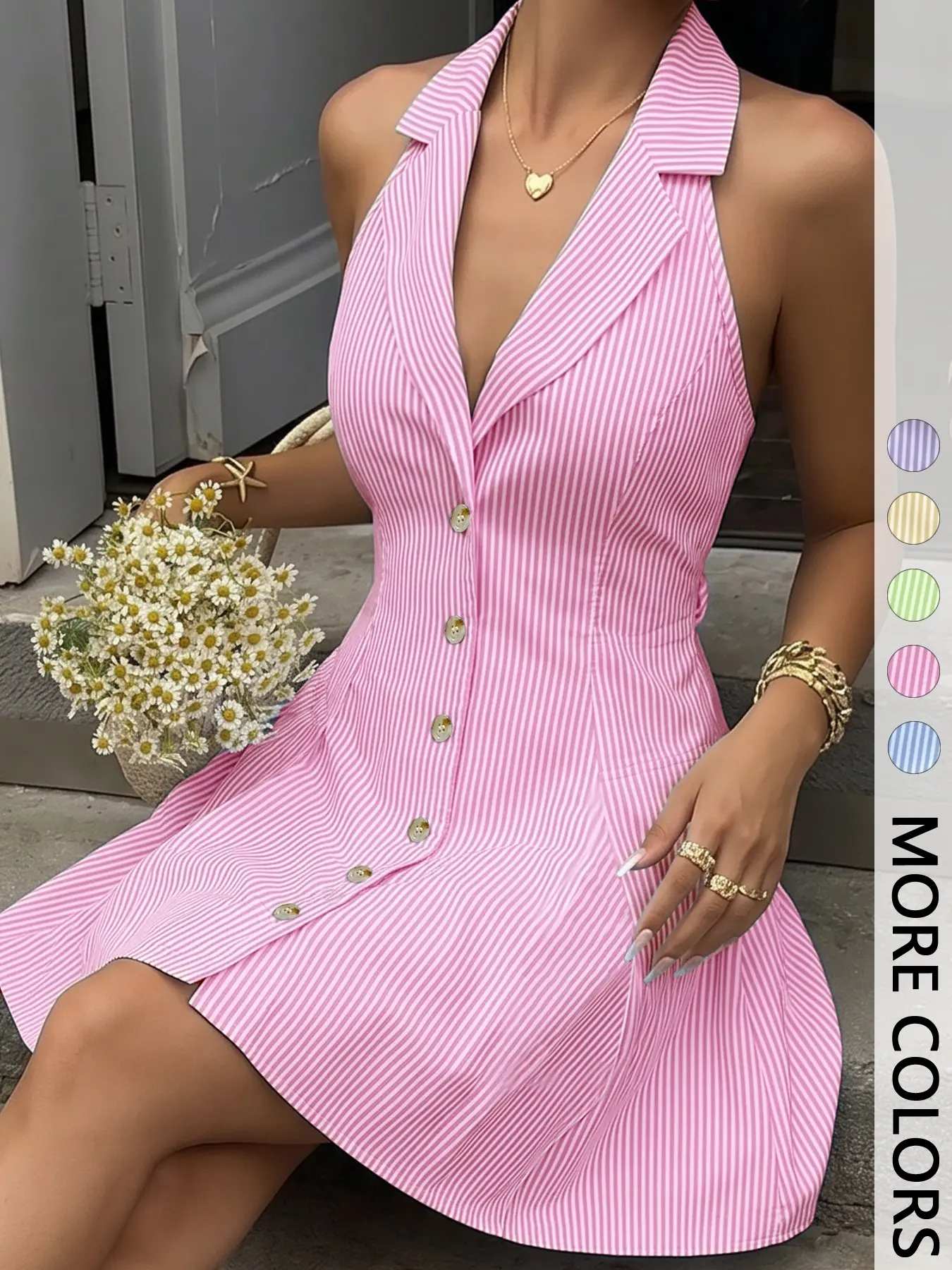 Women's Summer Striped Halter Sleeveless Short Casual Button Up Dress, Turn-Down Deep V Button Front A-Line Dress, Perfect for Vacation and Parties