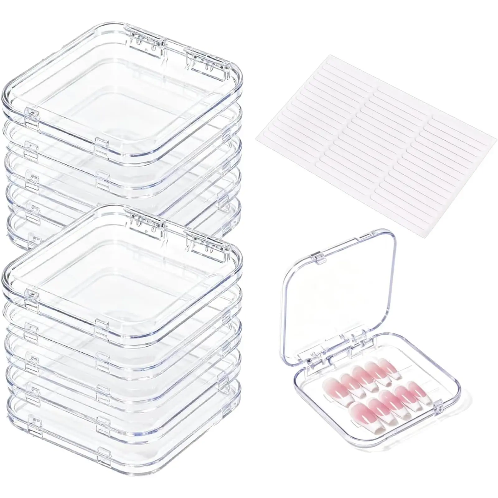 10 Pcs Press on Nail Storage Box, Clear Acrylic Fake Nail Display Container with 45 Pcs Double Sided Adhesive Tapes for Daily Nail Use and Nail Salon Supplies