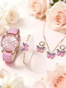 Women's Elegant Butterfly Design Quartz Watch & Matching Jewelry Set, Including Round Dial Watch & Bracelet & Pendant Necklace & Earrings, Fashion Watch Set for Women As Gift