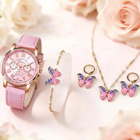 Women's Elegant Butterfly Design Quartz Watch & Matching Jewelry Set, Including Round Dial Watch & Bracelet & Pendant Necklace & Earrings, Fashion Watch Set for Women As Gift, Trendy Watch Set