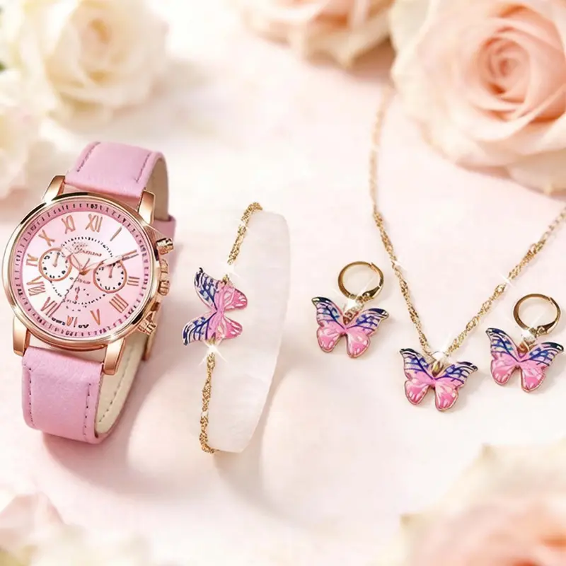 Women's Elegant Butterfly Design Quartz Watch & Matching Jewelry Set, Including Round Dial Watch & Bracelet & Pendant Necklace & Earrings, Fashion Watch Set for Women As Gift, Trendy Watch Set