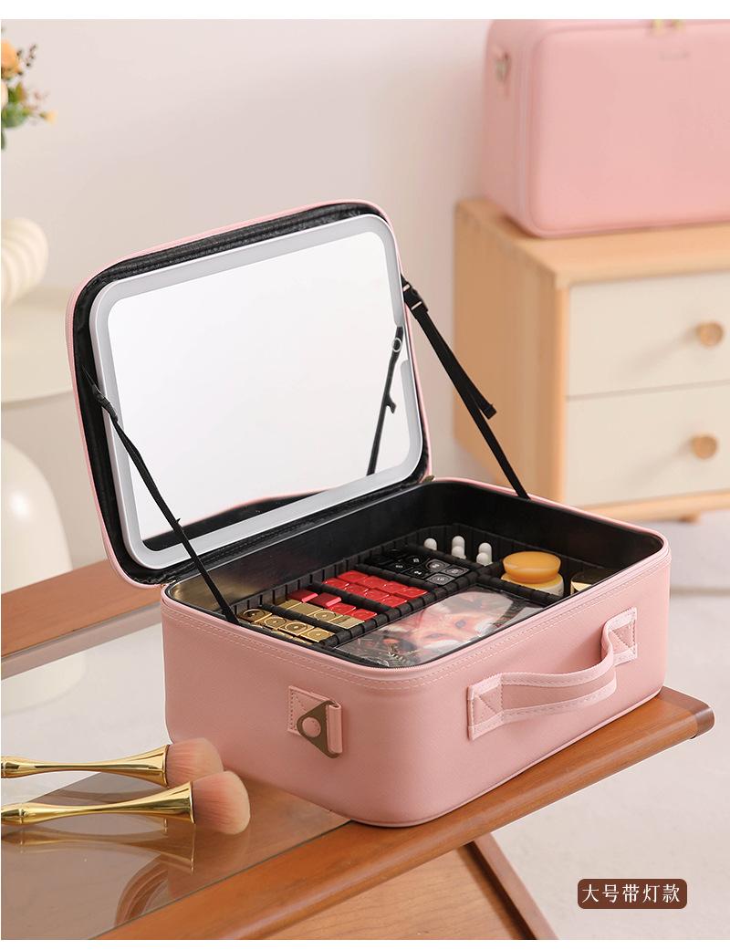 Internet Celebrity LED Makeup Case with Light and Mirror, Portable LED Makeup Bag with Large Capacity, Multifunctional Cosmetic Storage Organizer for Travel and Daily Use, Adjustable Light Makeup Box
