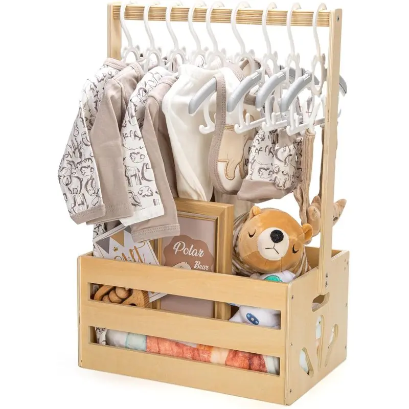 Wooden Baby Shower Crate Closet, Baby Storage Crate Hamper with Handle |   Basket for Baby Shower Gifts, Welcome Gift Basket for Newborn Boys Girls, Pregnancy Gifts for New Parents