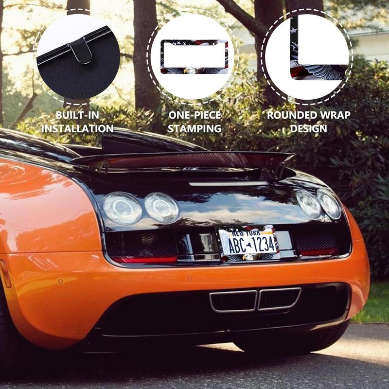 Eagle License Plate Frame Brackets - 2-Pack Patriotic Universal Aluminum Matte Stripe Design American Flag Gloss License Plate Frame Cover with Screw Fastener Cover Gift Car Accessories Truck - Vehicle