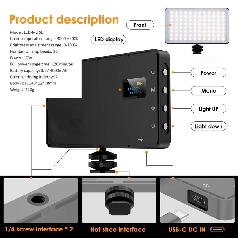 LED Panel Light, Bi-color Photo Light with 4000mAh Battery Rechargeable, 3200-6500k Bi-color Dimmable Camera Light, Photographic Fill Light with Color Filters for Dslr Camera, Stocking Fillers Gift