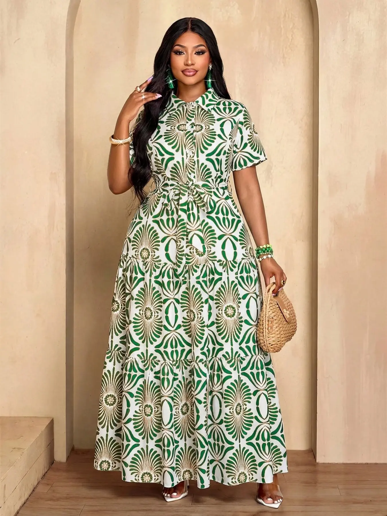 Plus Size Vintage Ethnic Print Shirt Dress, Turn-Down Collar Half Open Front Short Sleeve Tie Waist Vacation Dress, Women's Fashion