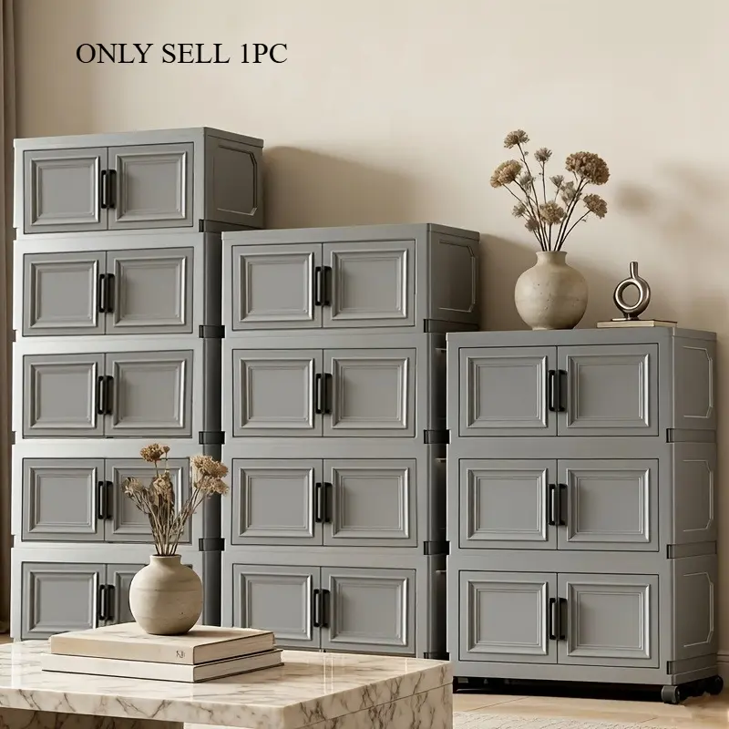 Stackable and Foldable Storage Cabinet with Detachable Rollers on 6/5/4/3 Floors, Foldable Storage and Organizing Cabinet with Double Doors, Large Capacity Modular Wardrobe Kitchen Organizing Cabinet, Suitable for Bedroom, Kitchen, Bathroom, Living Room